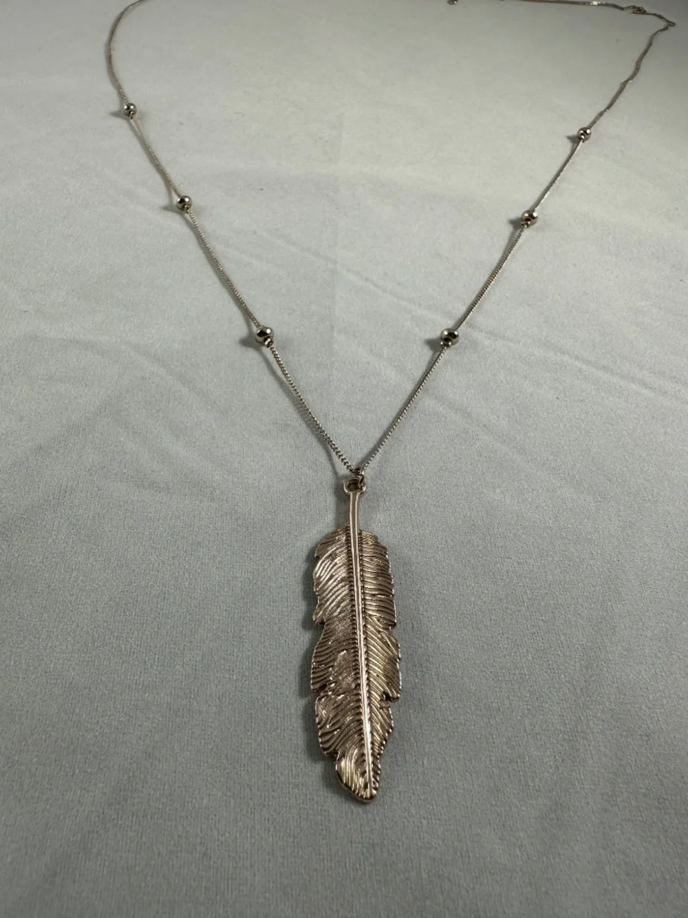 Boho Long Feather Pendant Necklace with Station Bead Accent Chain